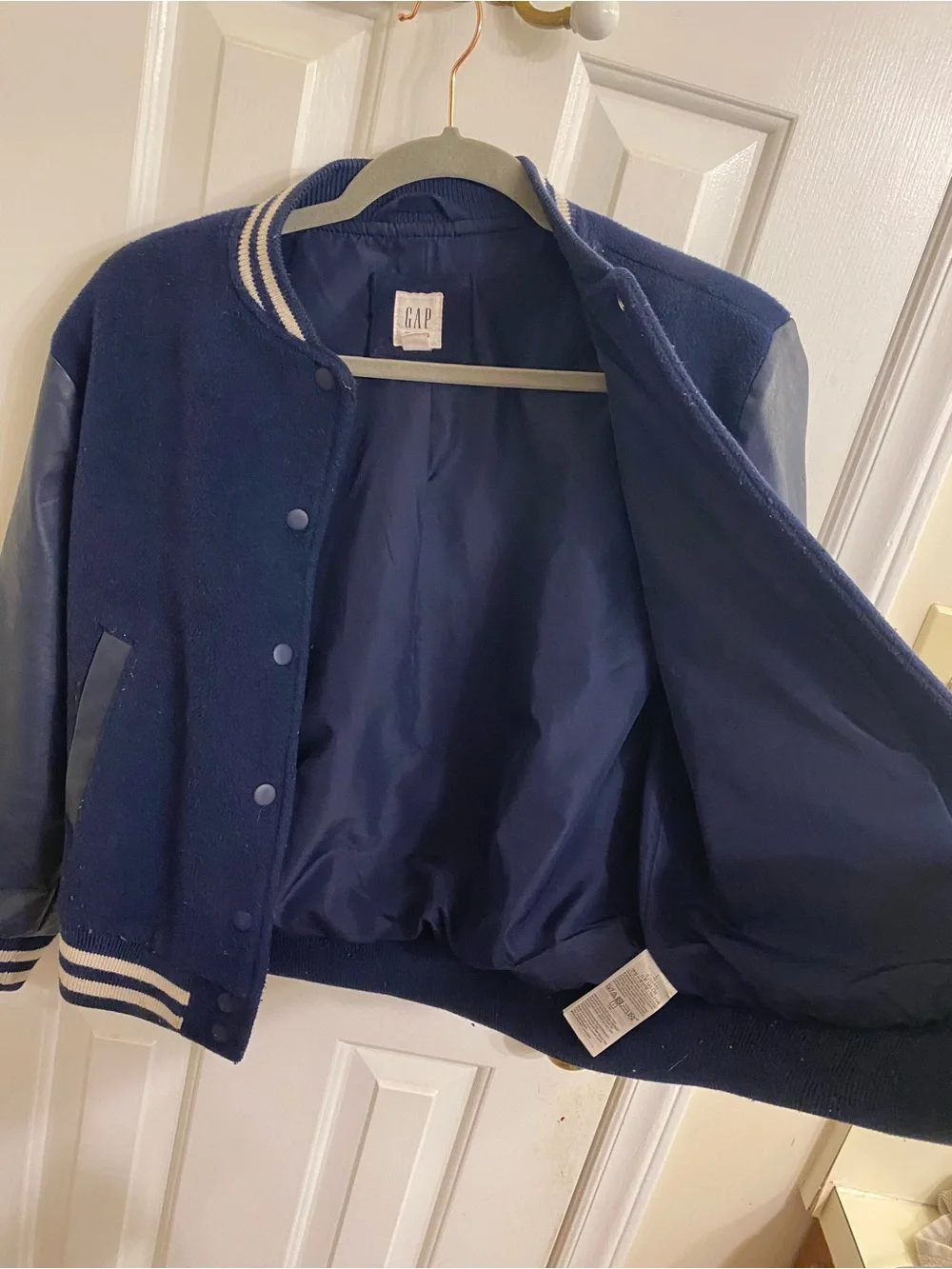 GAP KIDS SIZE LARGE NAVY BLUE WOOL LETTERMAN JACKET FAUX LEATHER SLEEVES LARGE